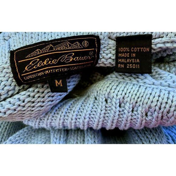Eddie Bauer Blue Cotton Cable Knit Turtleneck Sweater Sz M Pullover Rib Borders - Picture 5 of 5
